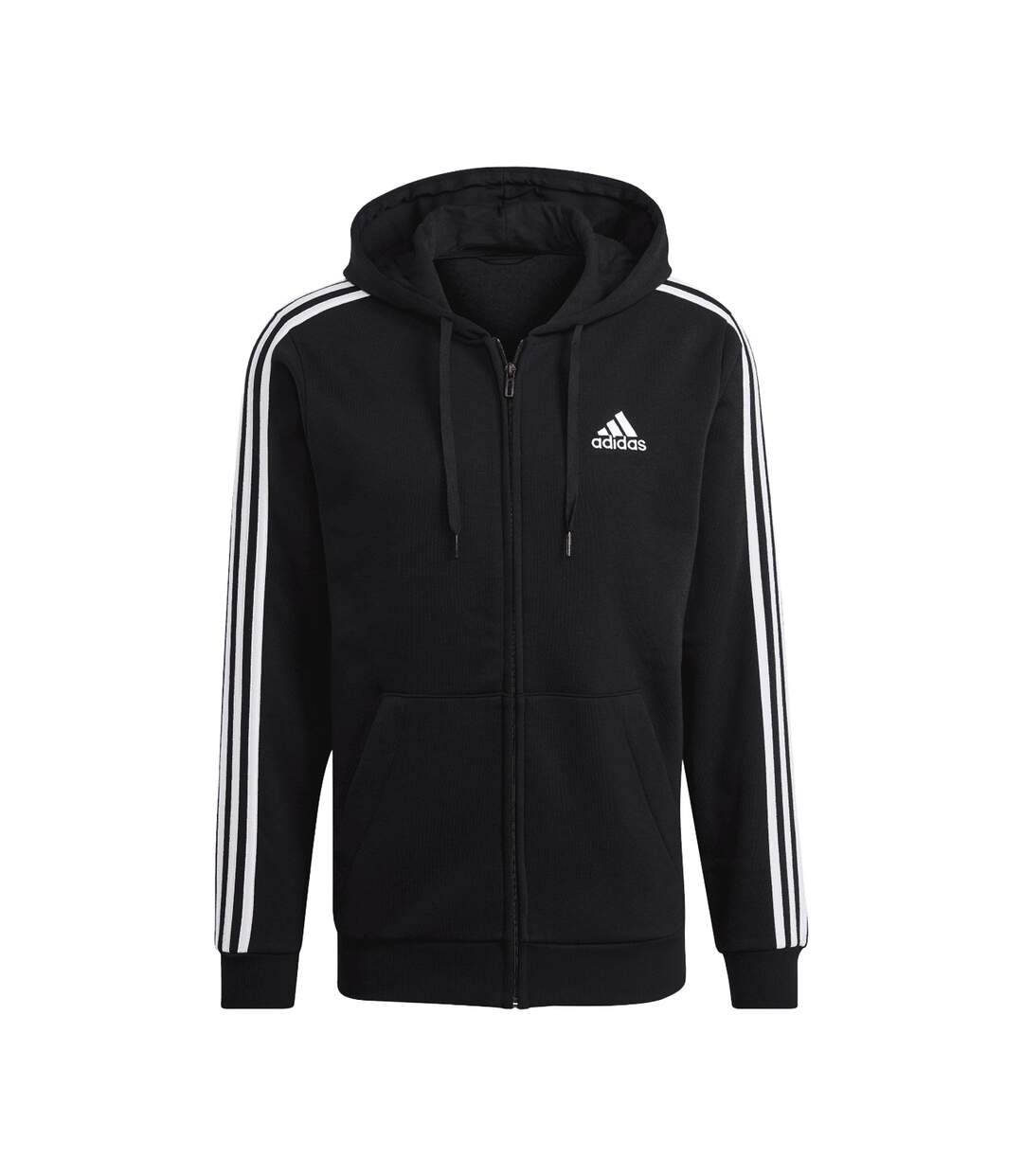 Mens Essentials 3 Stripes Fleece Full Zip Hoodie Black Adidas-1