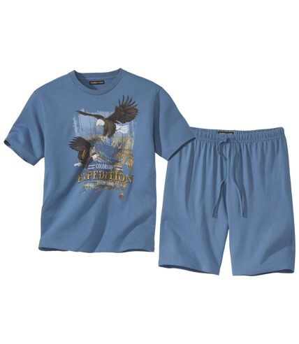 Men's Blue Eagle Print Pyjama Short Set