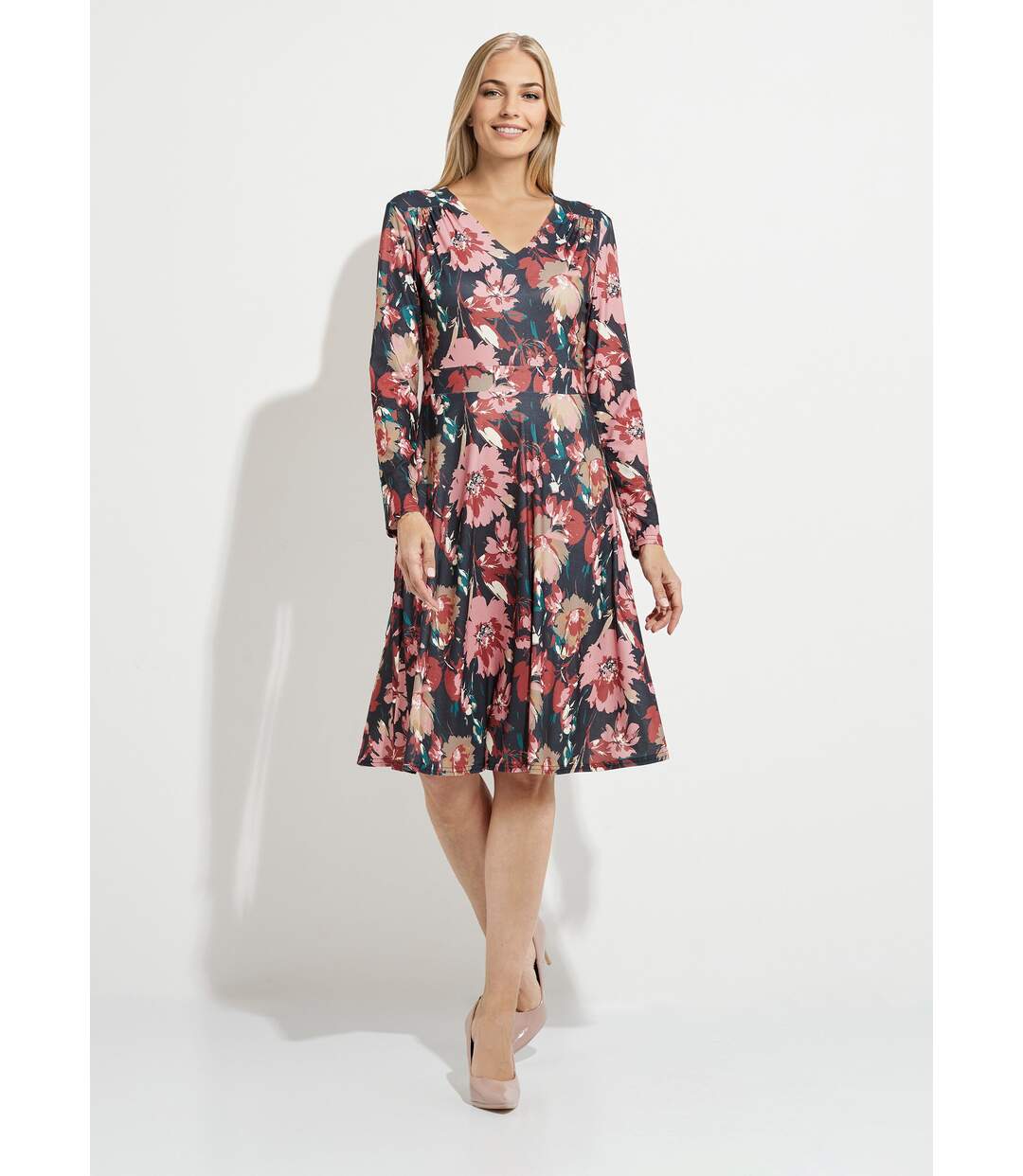 Robe courte évasée col V imprimé fleuri-1
