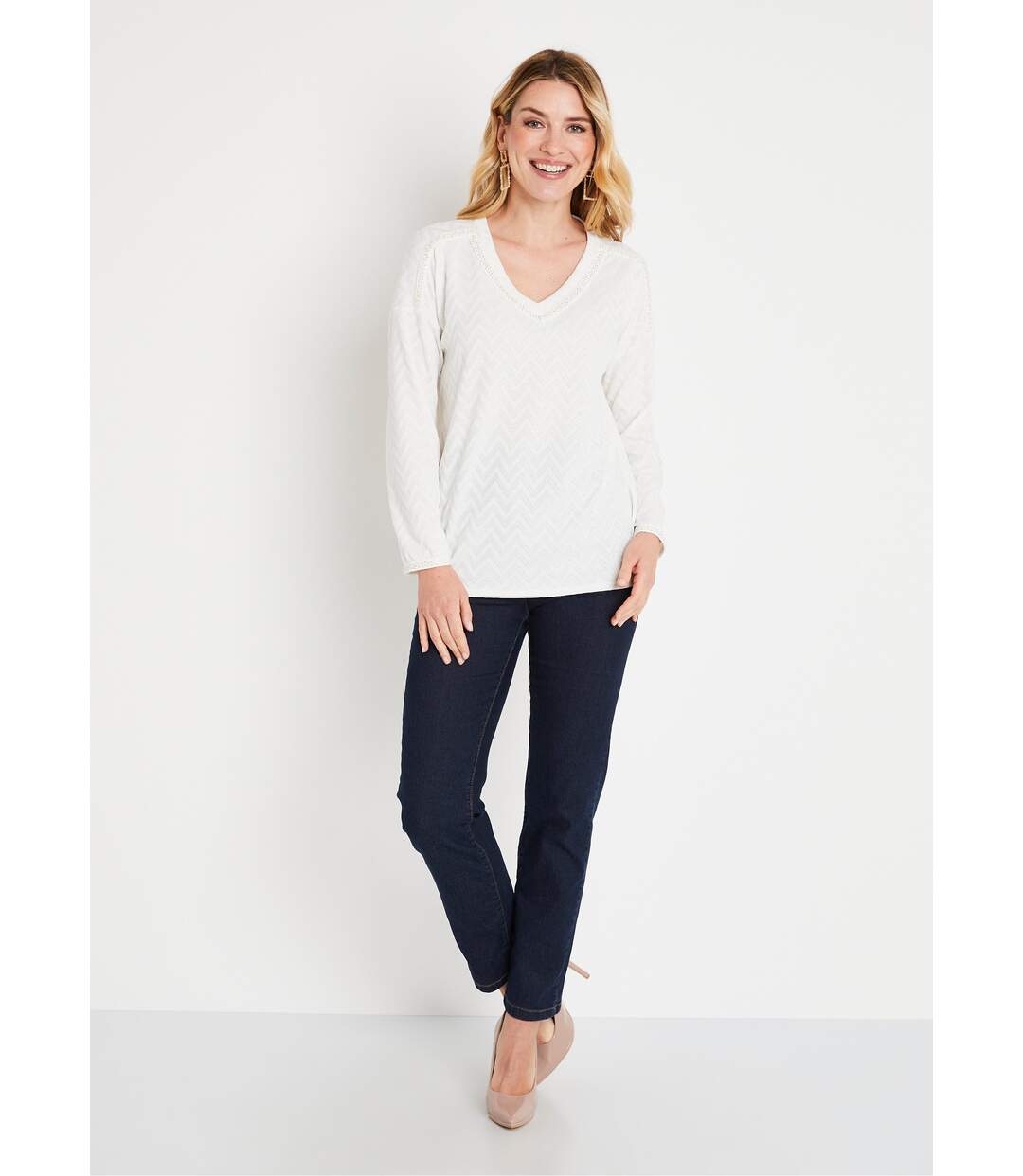 T-shirt long uni col V maille chaude-3