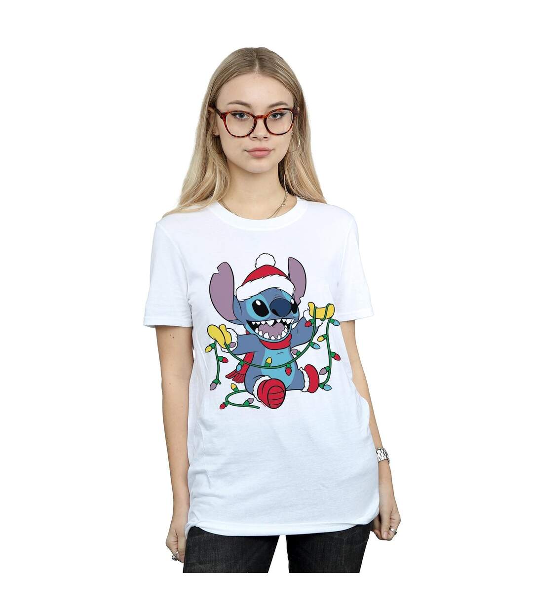 Disney Womens/Ladies Lilo And Stitch Christmas Lights Cotton Boyfriend T-Shirt (Blanc) - UTBI29673-2