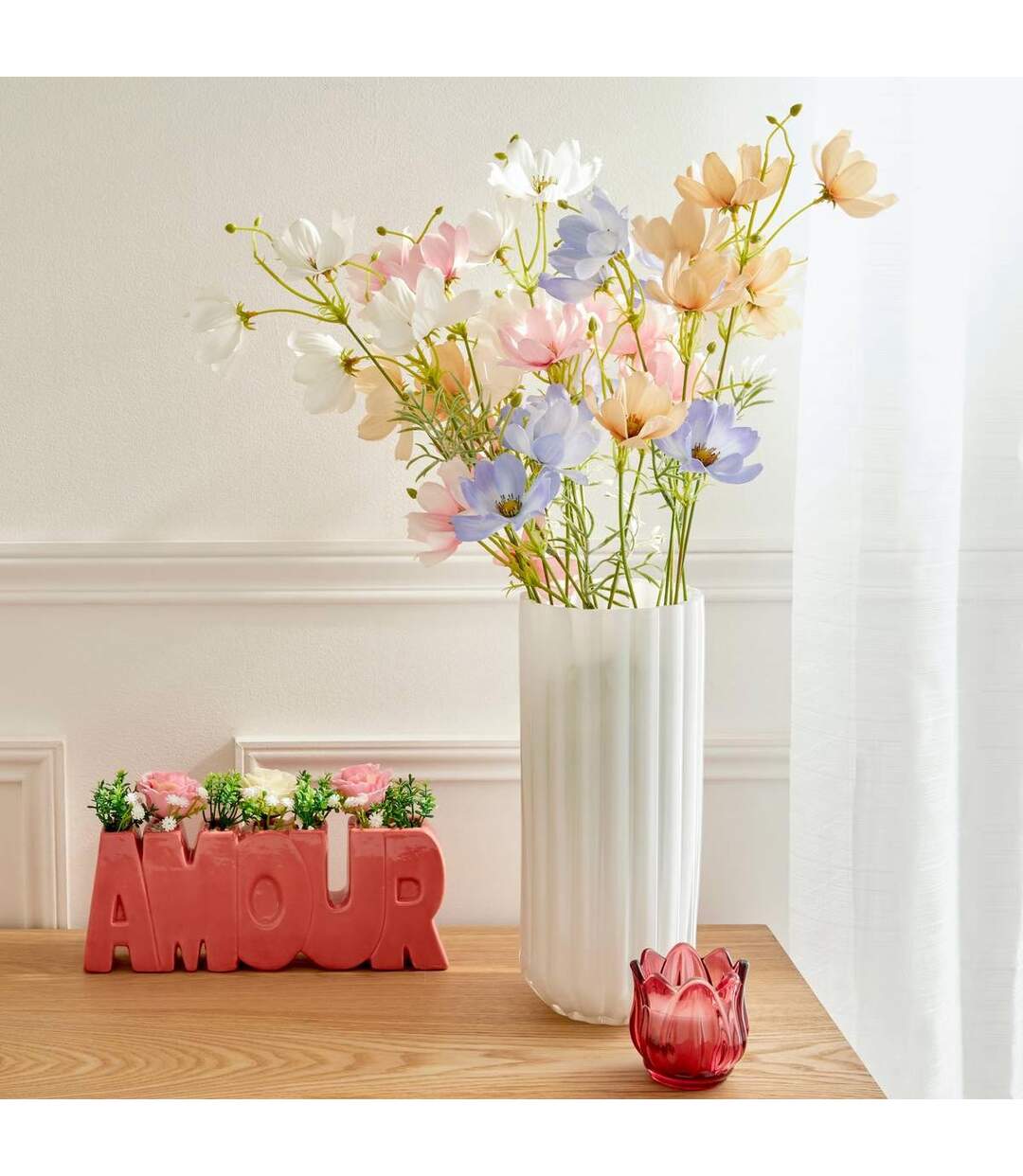 Vase Strié en Verre Fleur de Rose 28cm Blanc-2