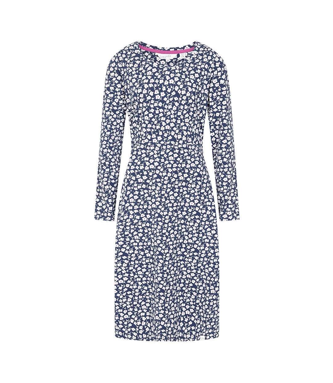 Womens/ladies Buttercups Tie Back Long-sleeved Midi Dress Blue White Lazy Jacks-4