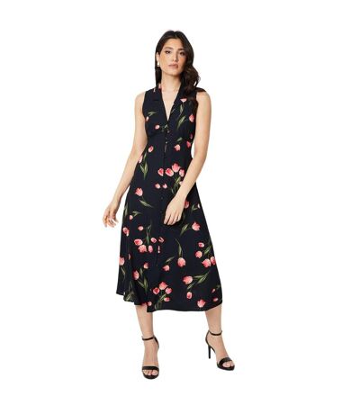 Womens/ladies Floral Button Through Midi Dress Black Dorothy Perkins
