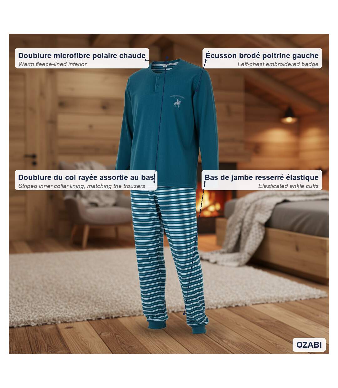 OZABI Pyjama Homme Doublé Polaire Écusson Brodé-5