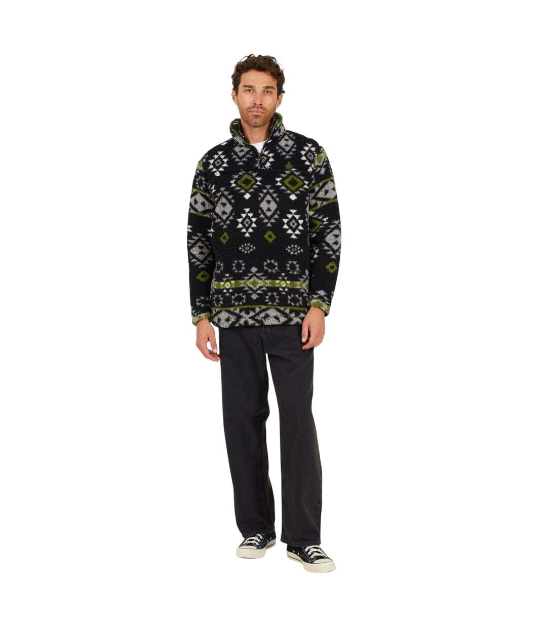 Mens Aztec Fleece Long-sleeved Sweatshirt Green Brave Soul-1