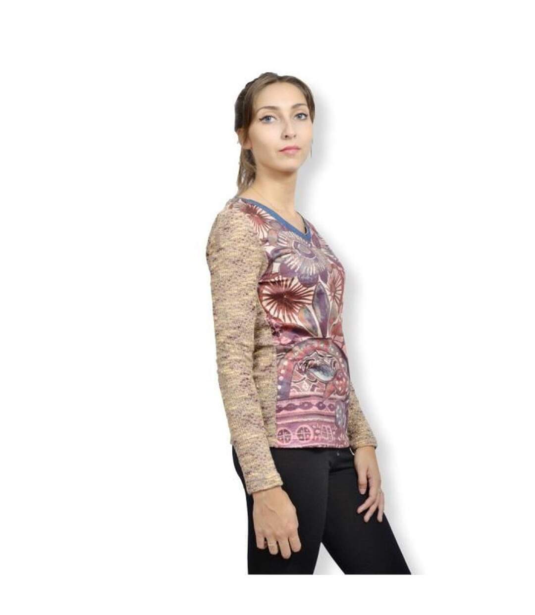 Tee shirt femme manches longues col en V  motifs abstraits-2