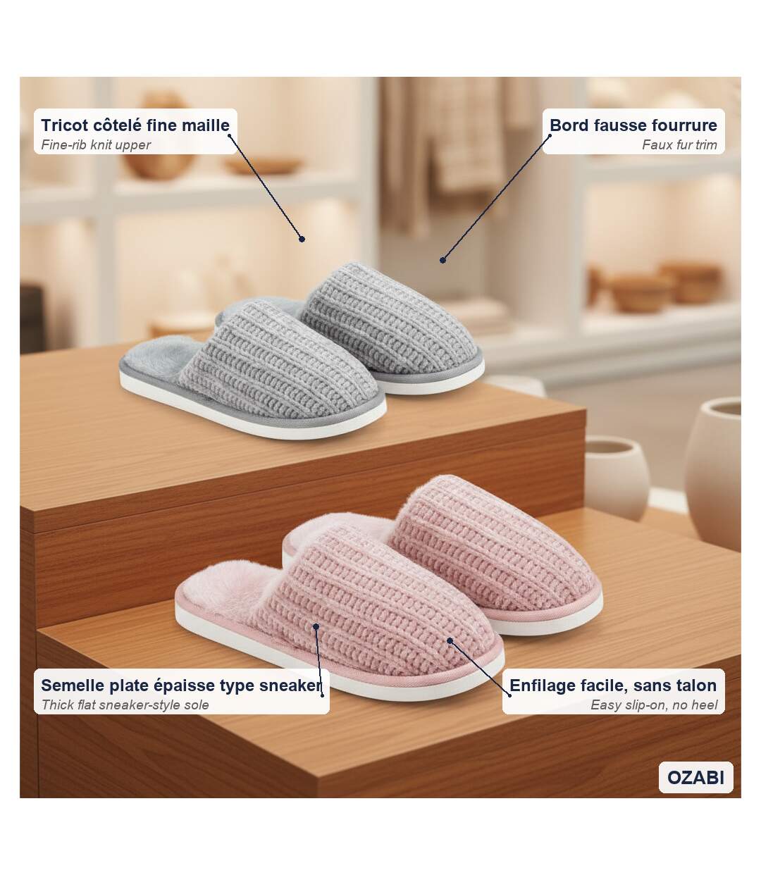 OZABI Pack 2 Paires Mules Femme Tricot Côtelé Semelle Plate Épaisse-5
