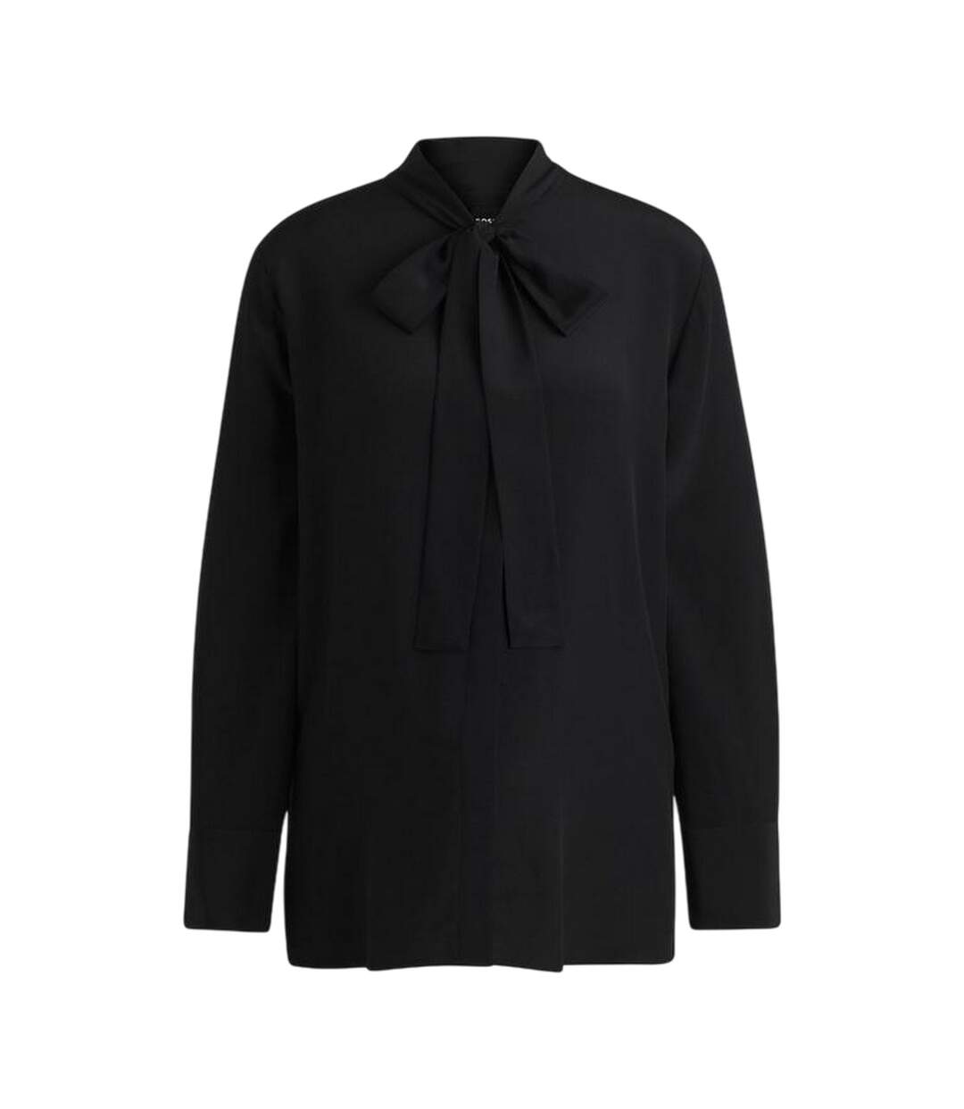 Womens/ladies Tie Neck Long-sleeved Blouse Black Boss-2