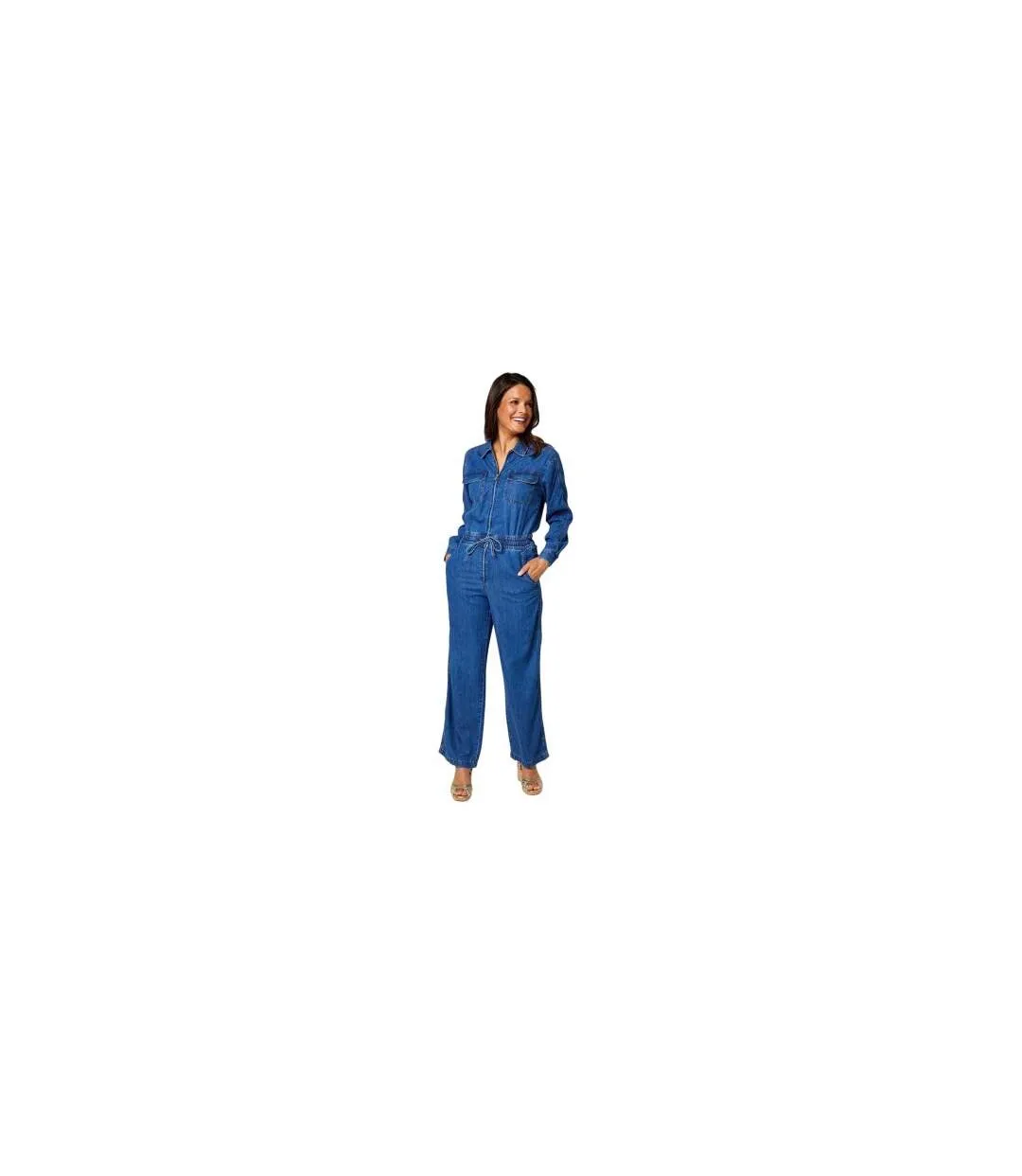 Womens/ladies Denim Loose Fit Long-sleeved Jumpsuit Blue Biba-1