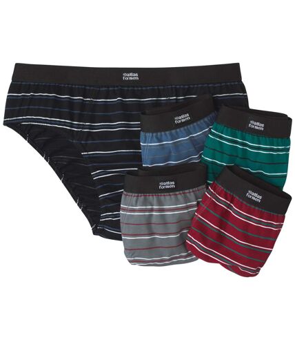 Pack of 5 Men's Striped Briefs - Black Blue Gray Green Burgundy