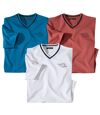 Pack of 3 Men's V-Neck T-Shirts - Terracotta Blue White Atlas For Men