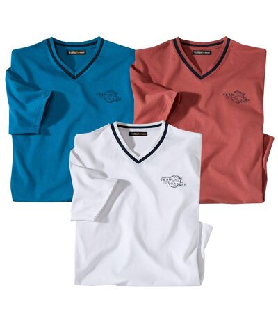 Pack of 3 Men's V-Neck T-Shirts - Terracotta Blue White