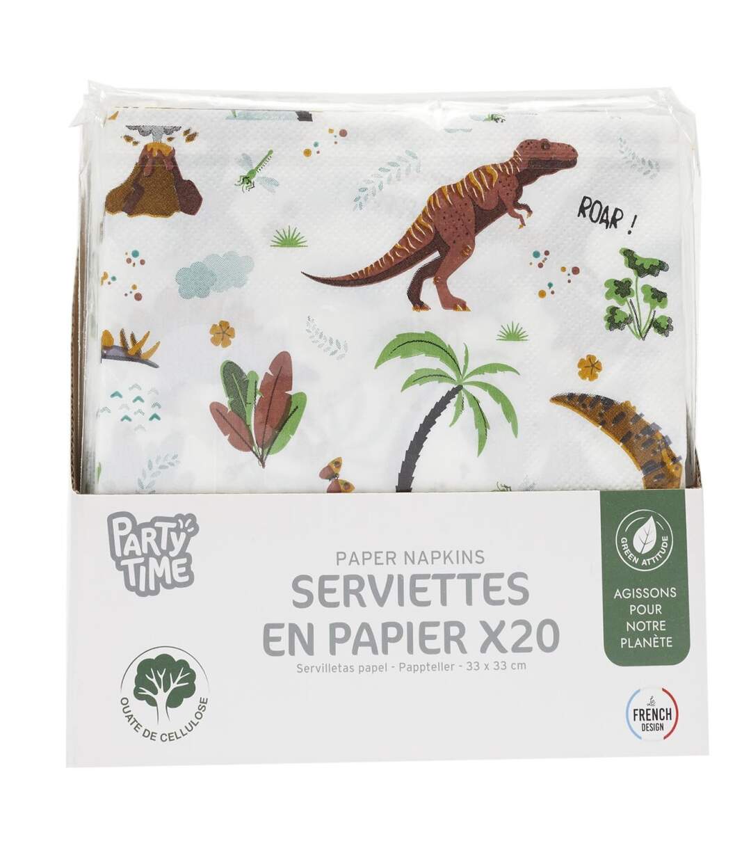 Lot de 20 Serviettes en Papier Dinosaure 33x33cm Blanc-3