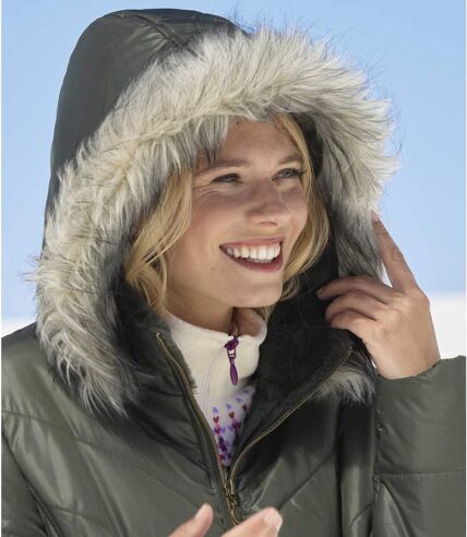 Women's Khaki Longline Padded Jacket - Water-Repellent - Faux-Fur Hood 