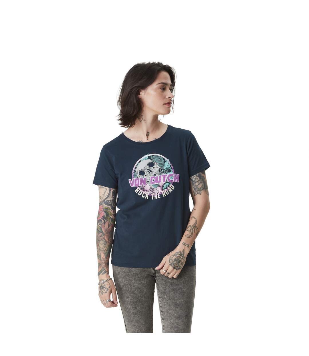 T-shirt femme à col rond avec print et bouclette devant Fleurs Vondutch