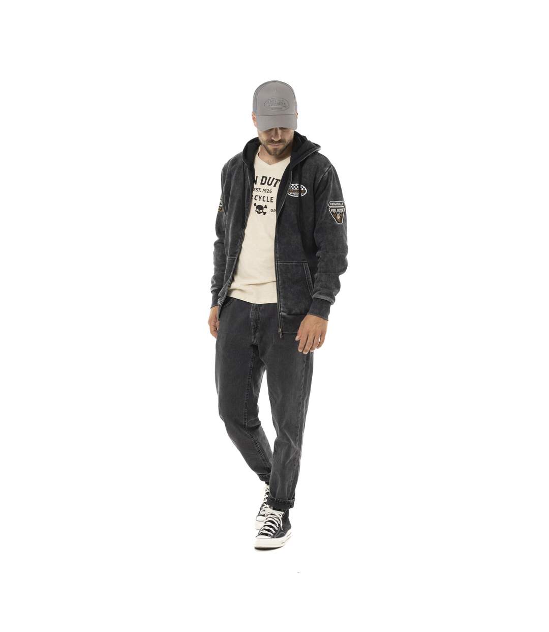 Sweat zippé homme à capuche en molleton et acid wash avec patchs Vondutch-4