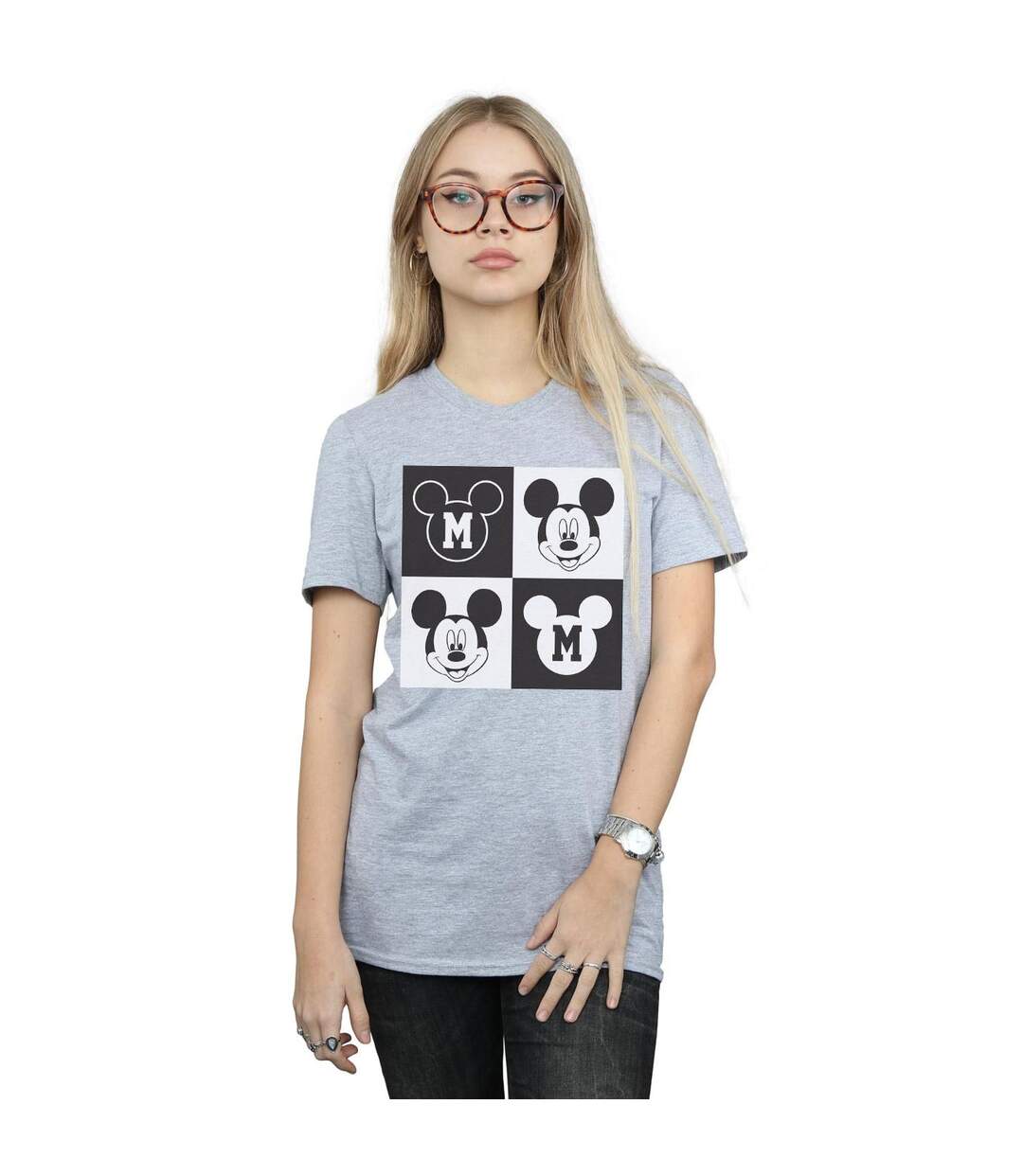 Disney Femme/Les femmes Mickey Mouse Smiling Squares Cotton Boyfriend T-Shirt (Gris sportif) - UTBI35998-2