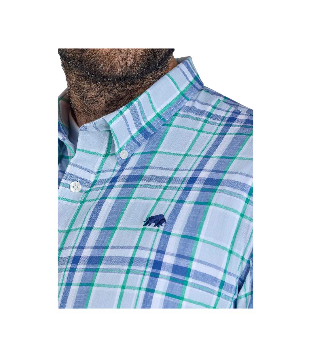 Mens Pacific Checked Linen-look Short-sleeved Shirt Sky Blue Raging Bull-4