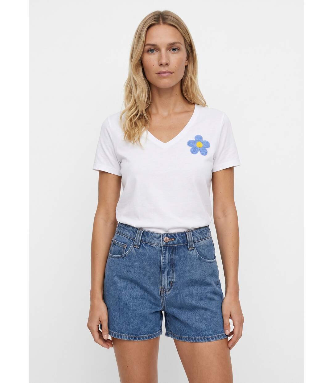 T-shirt col rond, fleur 3D bouclette-1