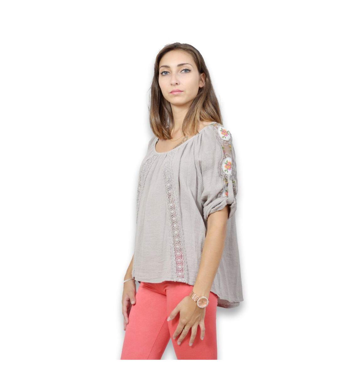 Blouse femme manche 3/4 de couleur beige col rond