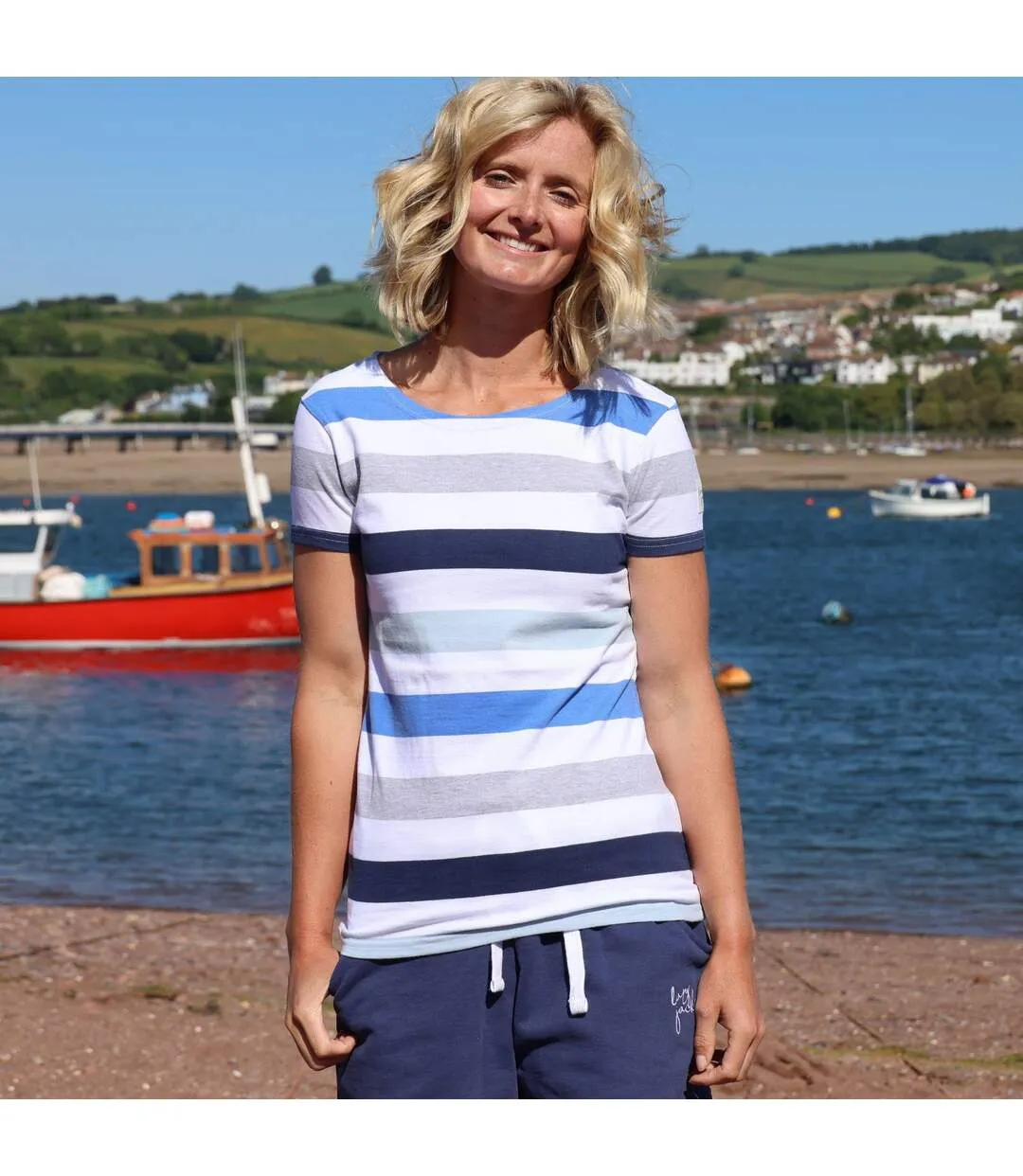 Womens/ladies Multi Stripe Breton Top Blue Lazy Jacks-1