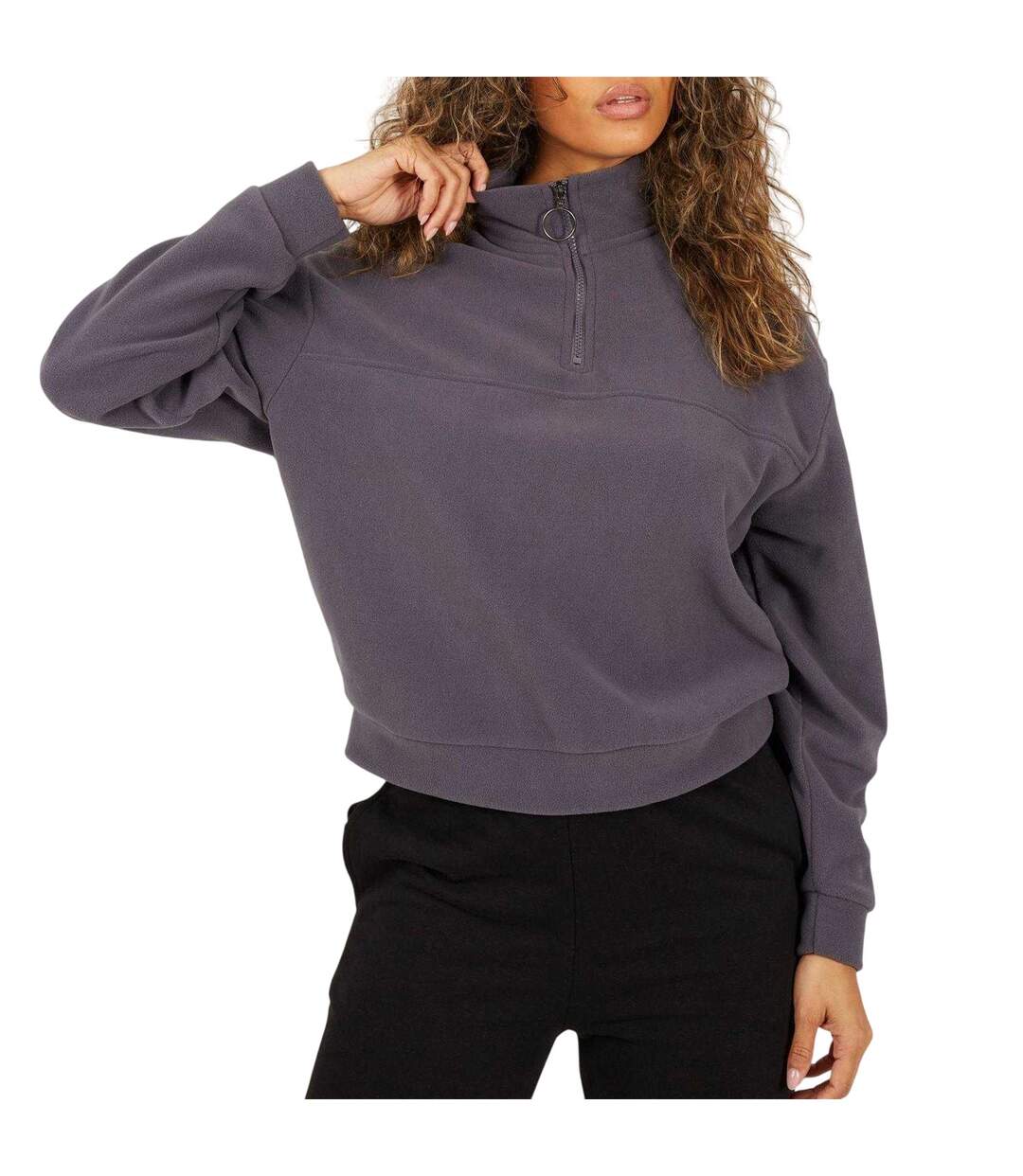 Womens/ladies Polar Fleece Quarter Zip Sweatshirt Charcoal Brave Soul-2