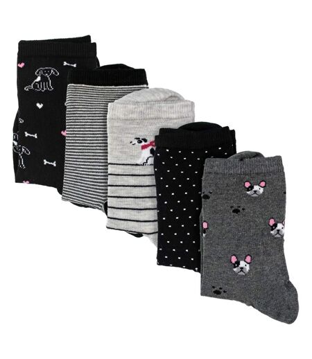 5 Pairs Ladies Dog Patterned Socks - Soft Cotton Rich Fun Dog Design Socks