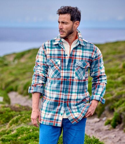 Men's Checked Fleece Overshirt - Ecru Blue Green Orange