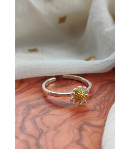 Silver Sunflower Daisy Tiny Slim Adjustable Floral Stackable Ring
