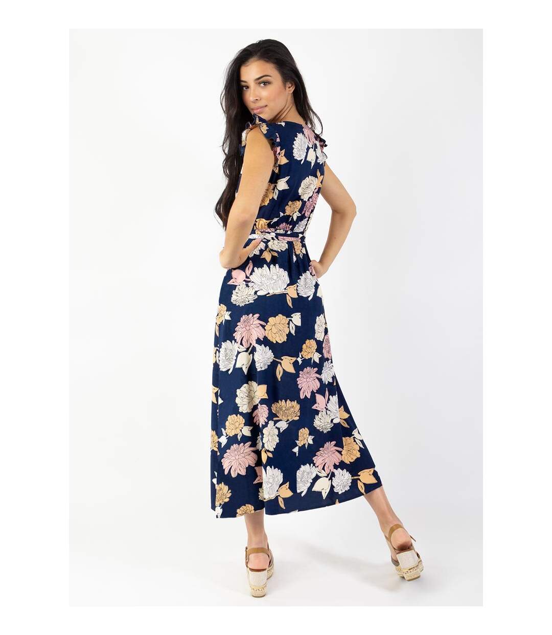 Robe longue manches volantées KAYLA fleurie bleue Coton Du Monde