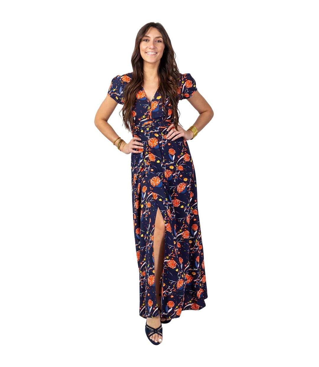 Robe longue fluide MARBELLA imprimé fleuri marine Coton Du Monde