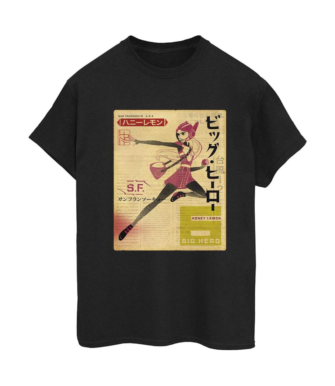 Disney Femme/Les femmes Big Hero 6 Baymax Honey Lemon Newspaper Coton Boyfriend T-Shirt (Noir) - UTBI15513-1