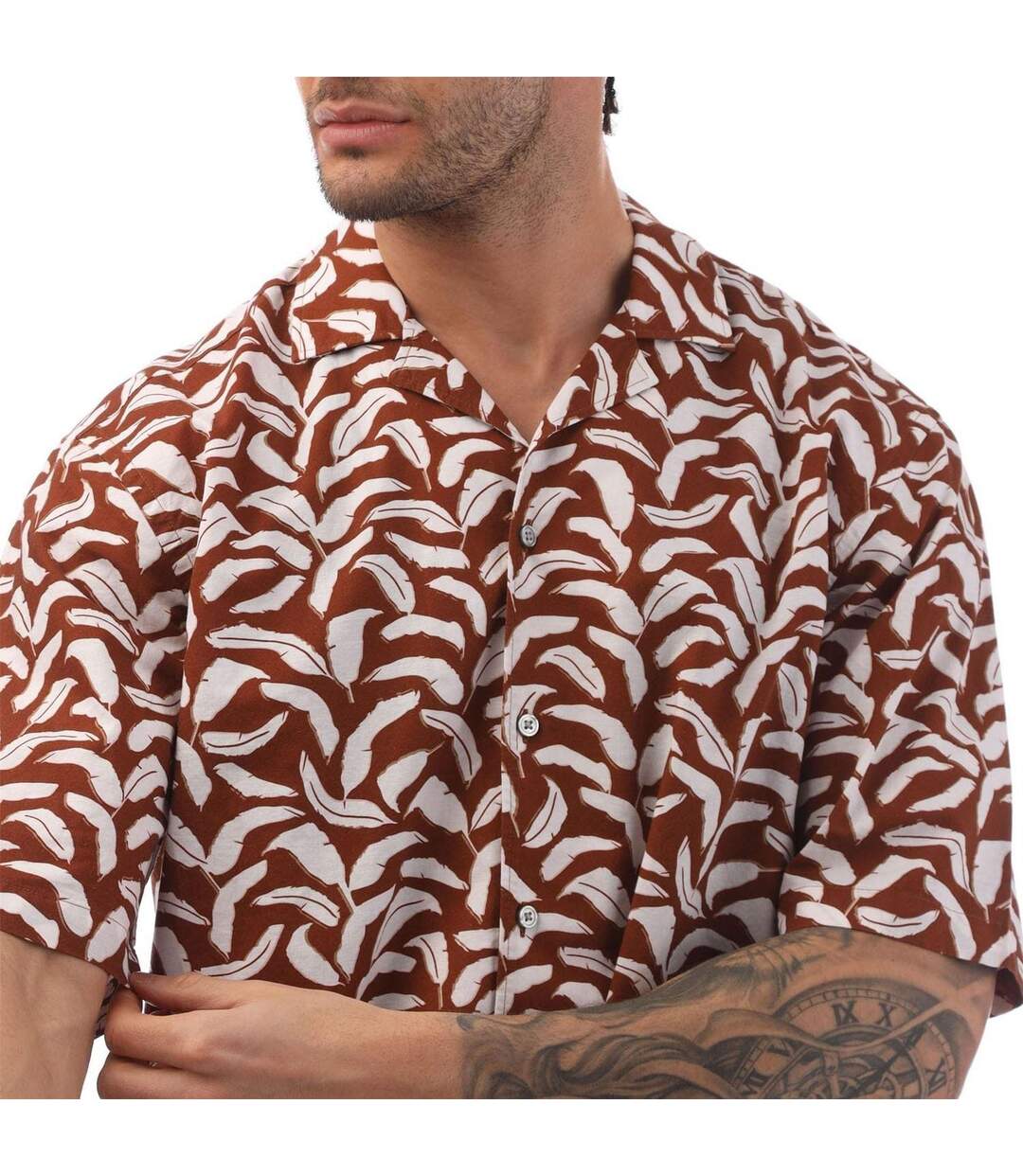 Mens Leaf Print Relaxed Fit Short-sleeved Shirt Brown Boss-4