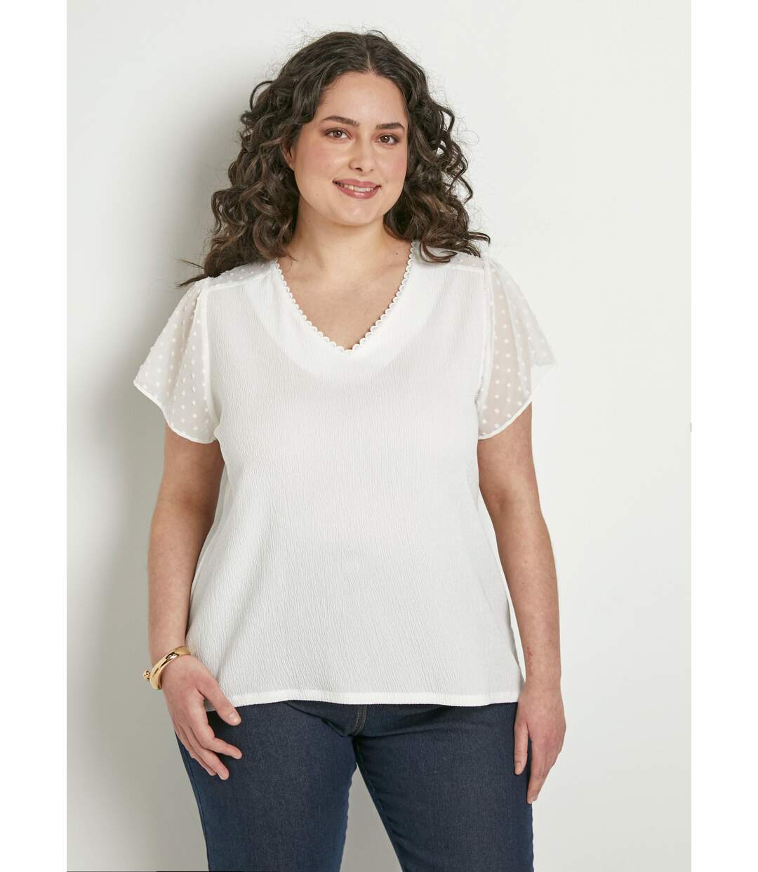 T-shirt col V plumetis manches courtes-1