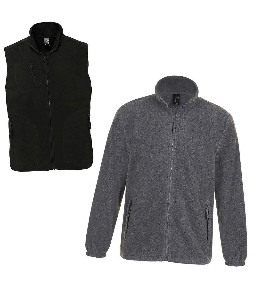 Lot 2 gilets polaires zippés unisexe - noir et gris - avec et sans manches