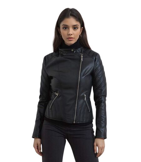Blouson Chic Femme Noir en Simili Cuir - élégant et Confortable avec Poches Zippées et Col Large