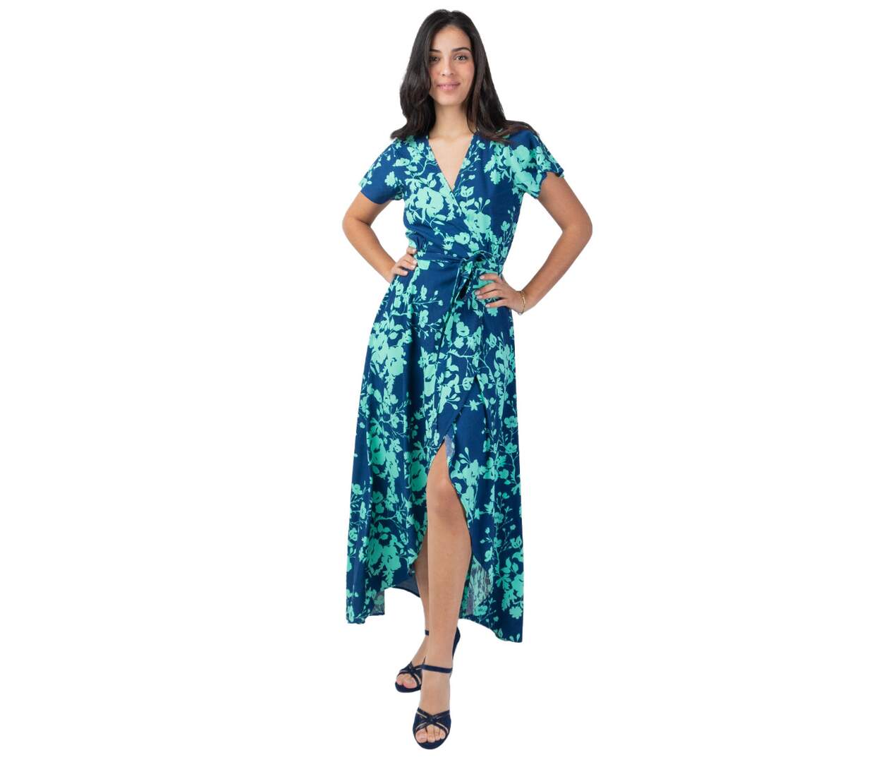 Robe longue viscose SAKURA imprimé marine et turquoise Coton Du Monde-1