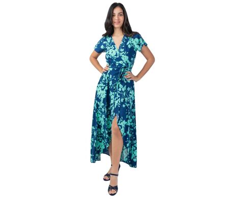 Robe longue viscose SAKURA imprimé marine et turquoise Coton Du Monde