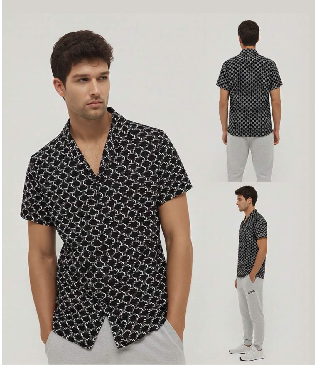 Chemise homme ajustée manches courtes imprimé abstrait noir à Col chemise-2