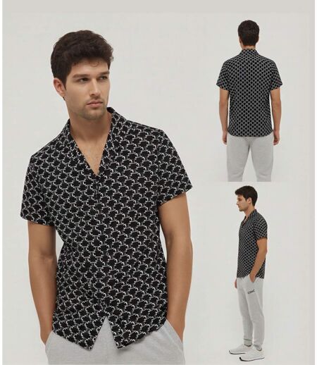 Chemise homme ajustée manches courtes imprimé abstrait noir à Col chemise