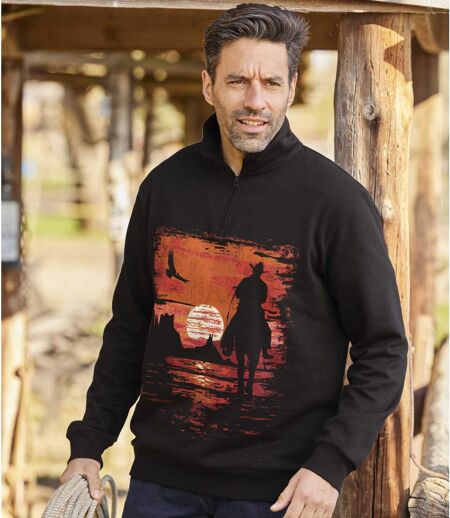 Men's Half-Zip Brushed Fleece Print Sweater - Black