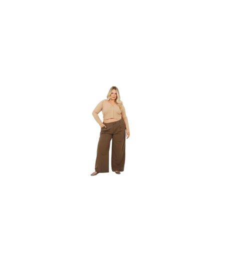 Womens/ladies Ribbed V Neck Plus Long-sleeved Crop Top Taupe Brave Soul