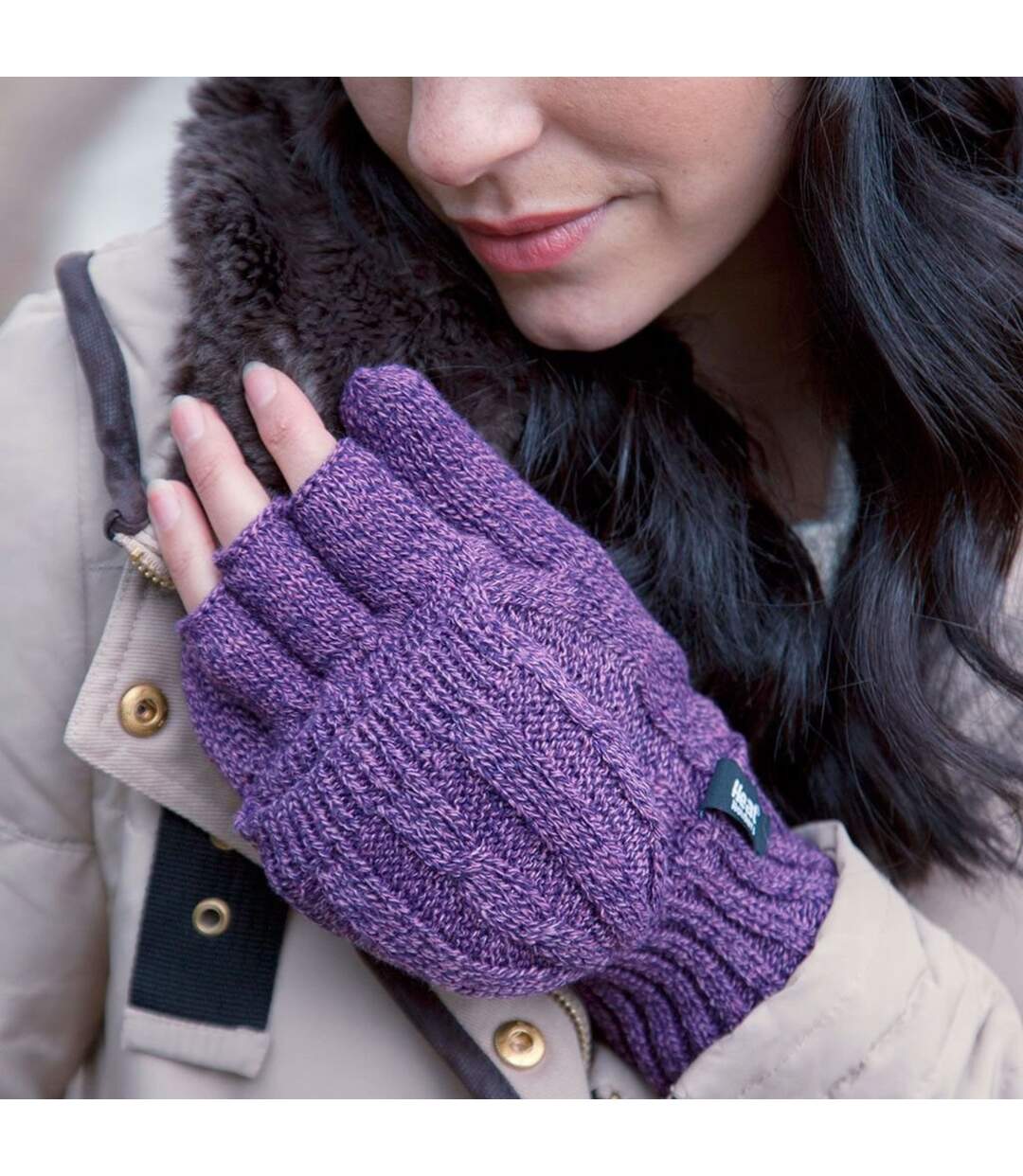 Ladies Cable Knit 2.3 Tog Thermal Winter Fingerless Converter Gloves-3