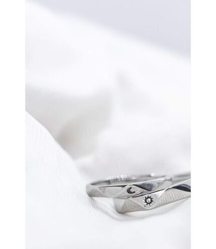 Silver Angle Cut Couple Moon and Sun Promise Adjustable Ring set