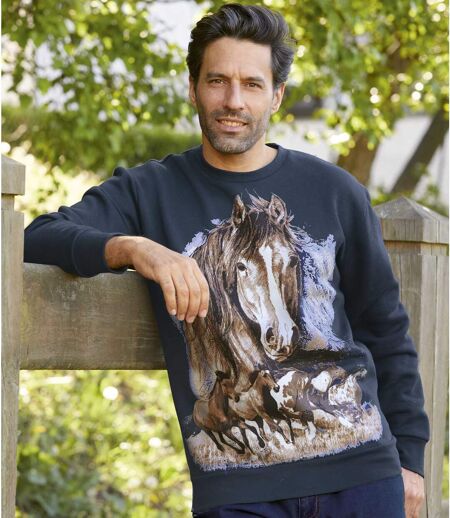 Men's Navy Fleece Sweatshirt - Horse Print