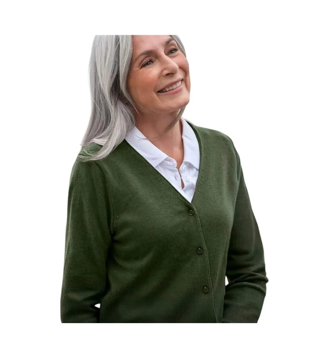 Womens/ladies Cashmere V Neck Classic Cardigan Khaki Green Haze WoolOvers-3