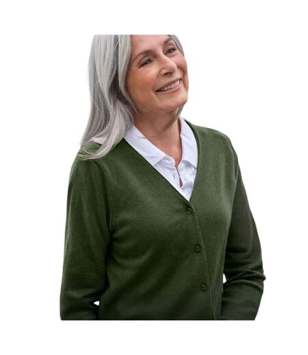 Womens/ladies Cashmere V Neck Classic Cardigan Khaki Green Haze WoolOvers