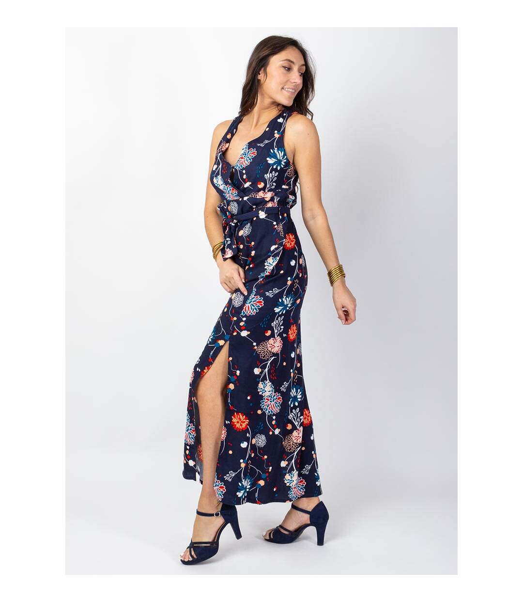 Robe longue fendue chic MELINDA cache-cœur imprimé floral bleu Coton Du Monde