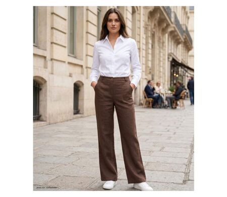 MAYFLOWER Basic Lin : Pantalon femme en lin fluide coloris Choco pour un été chic
